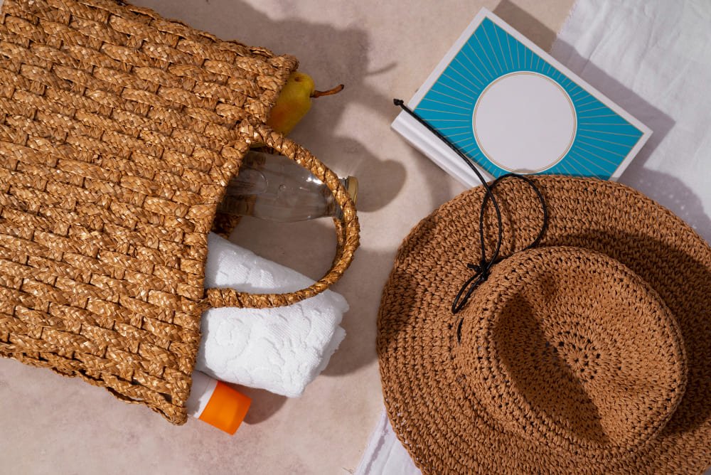 Bolsa de praia aberta com toalha, protetor solar e chapéu de palha